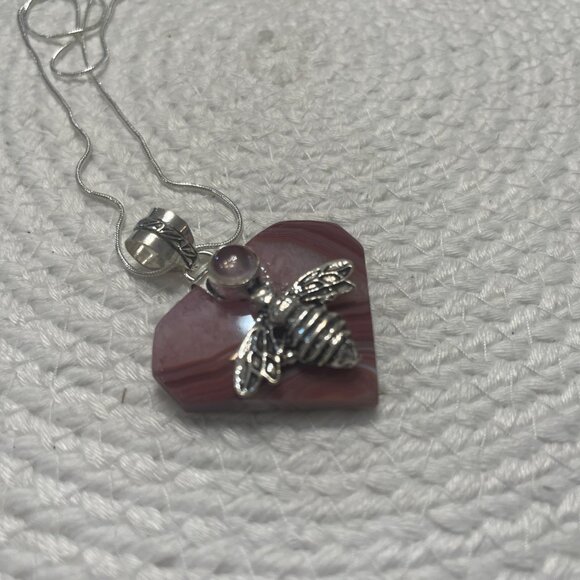 Whimsical PINK BOTSWANA AGATE/ BUMBLE BEE Handmade Sterling  Pendant/Chain #295D - Picture 3 of 3